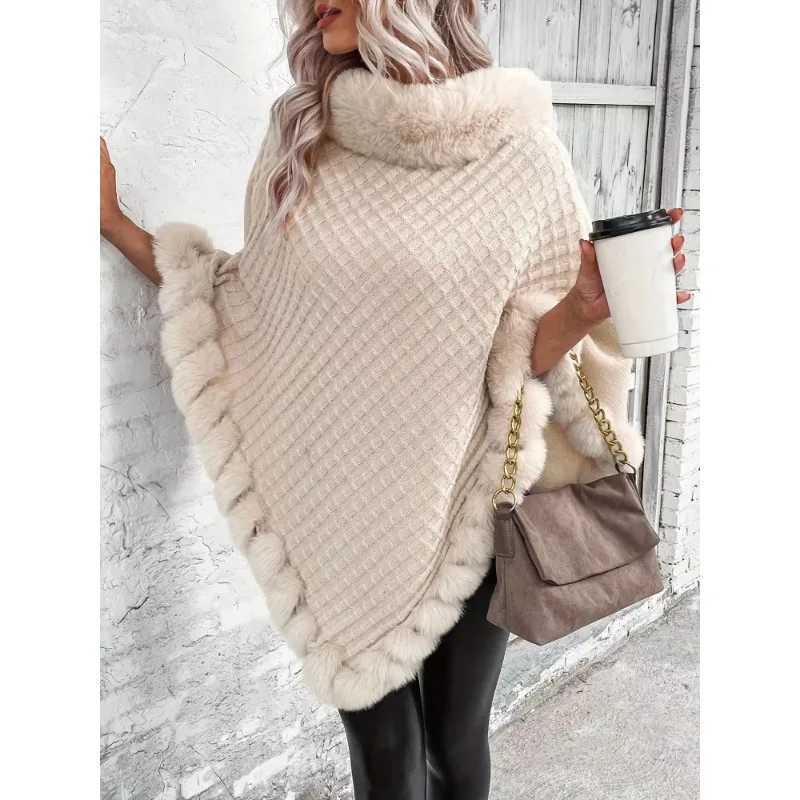 Luxury Elegant thick knit turtleneck with faux fur trim - Womens stylish solid color pullover cape perfect for fall and winter Y251208