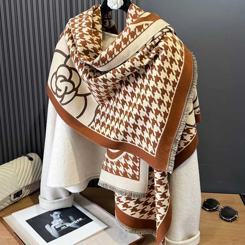 Luxury 2024 Fashion Houndstooth Rose Print Cashmere Women Two-sided Scarf Winter Warm Shawl and Wrap Bandana Pashmina Thick Blanket Y251208