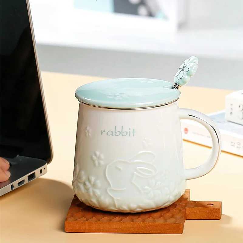 Cute Rabbit Pattern Ceramic Coffee Cup ry Bloss g Breakfast gs Milk Cups He OffCups H251209