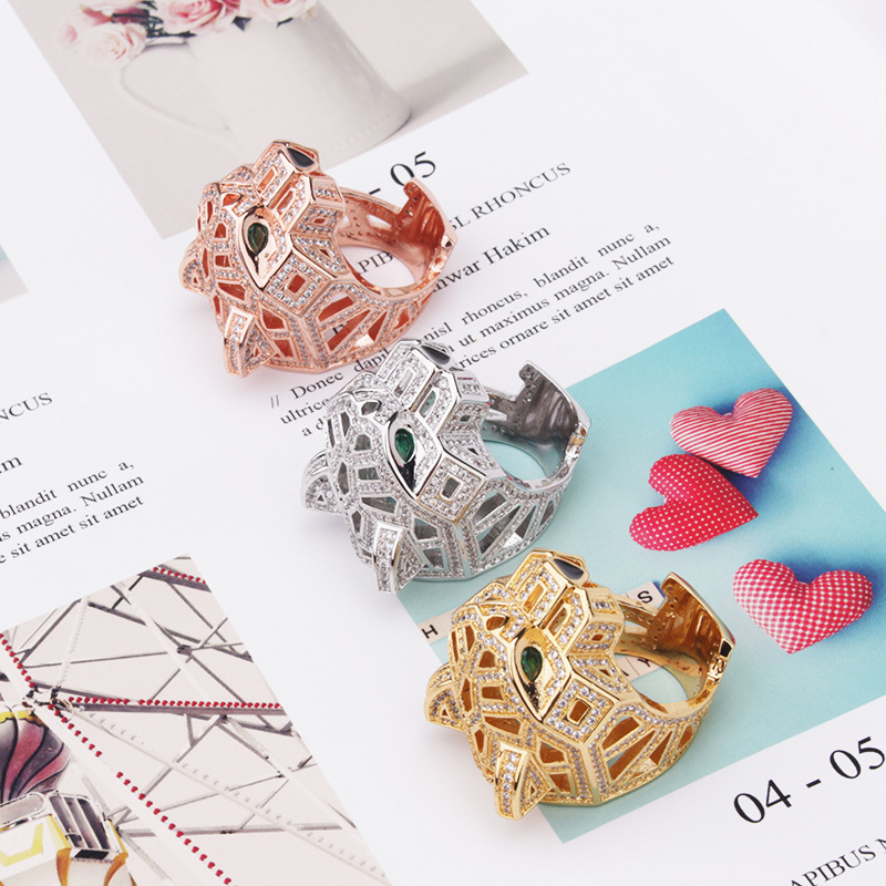 Style Full Diamond Green-Eyed Leopard Head Ring Personality Trendy Leopard Head Ring Epoxy Couple Style Hand Jewelry Wholesale
