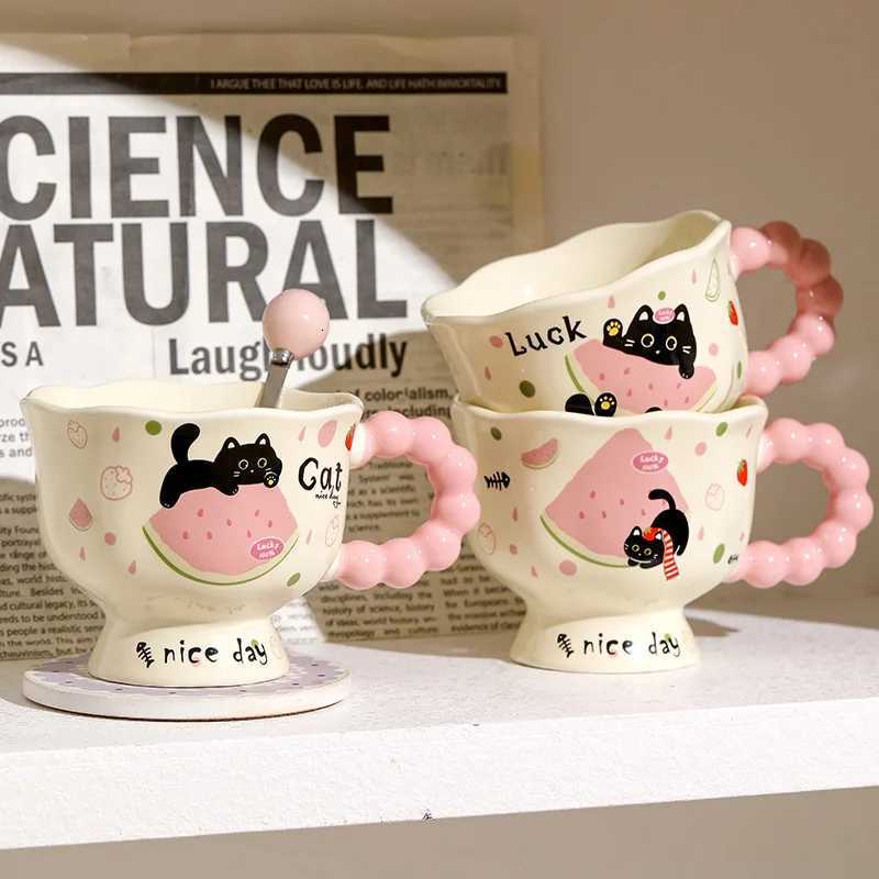 Cute Cat Watermelon Ceramic g Kawaii Bubble Handle Coffee Milk Cups for Afternoon Tea Daily Use gs Birthday Gift H251209