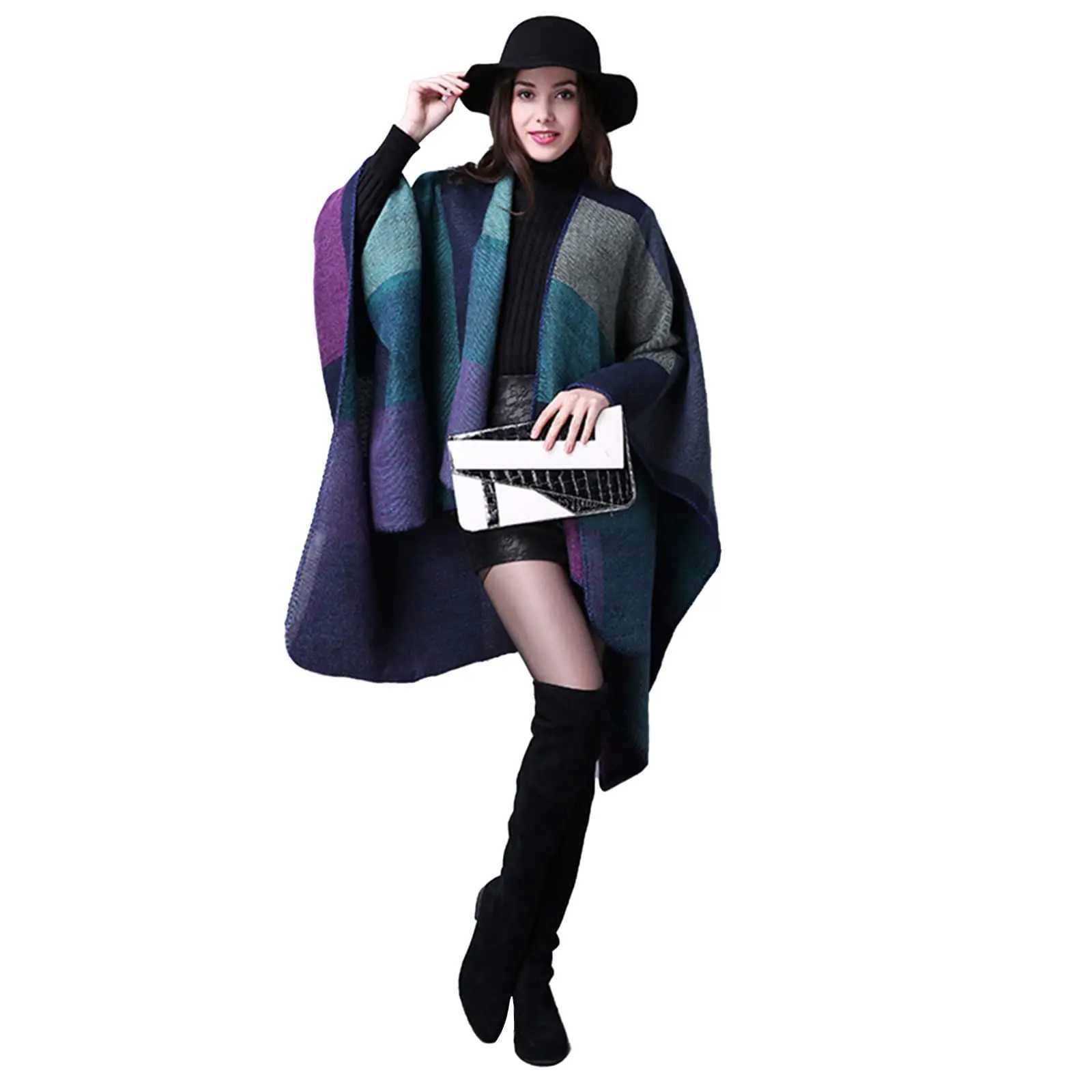 Luxury Thicken Winter Shawl Wraps Cape Women Fall Ponchos Plus Size Block Plaid Open Front Sweater Fleece Scarf Coat Holiday Outfits Y251208