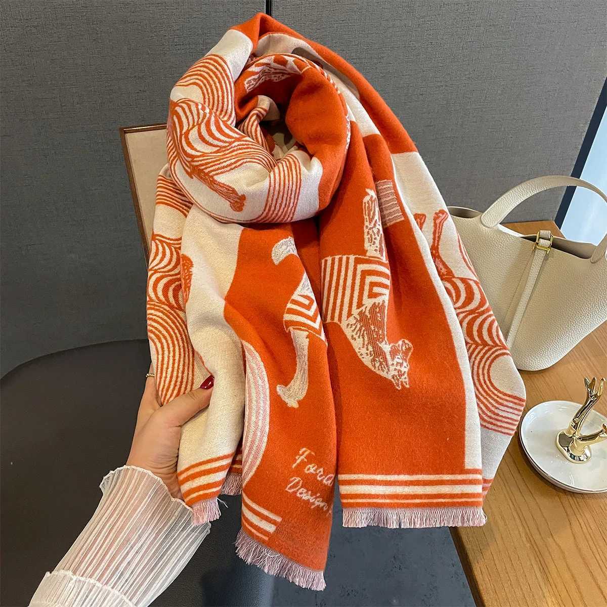 Luxury Winter Cashmere Scarf Women Luxury Horse Print Scarves Shawl Female Wrap Scarves Lady Thick Warm Blanket Gift Echarpe Pashmina Y251208