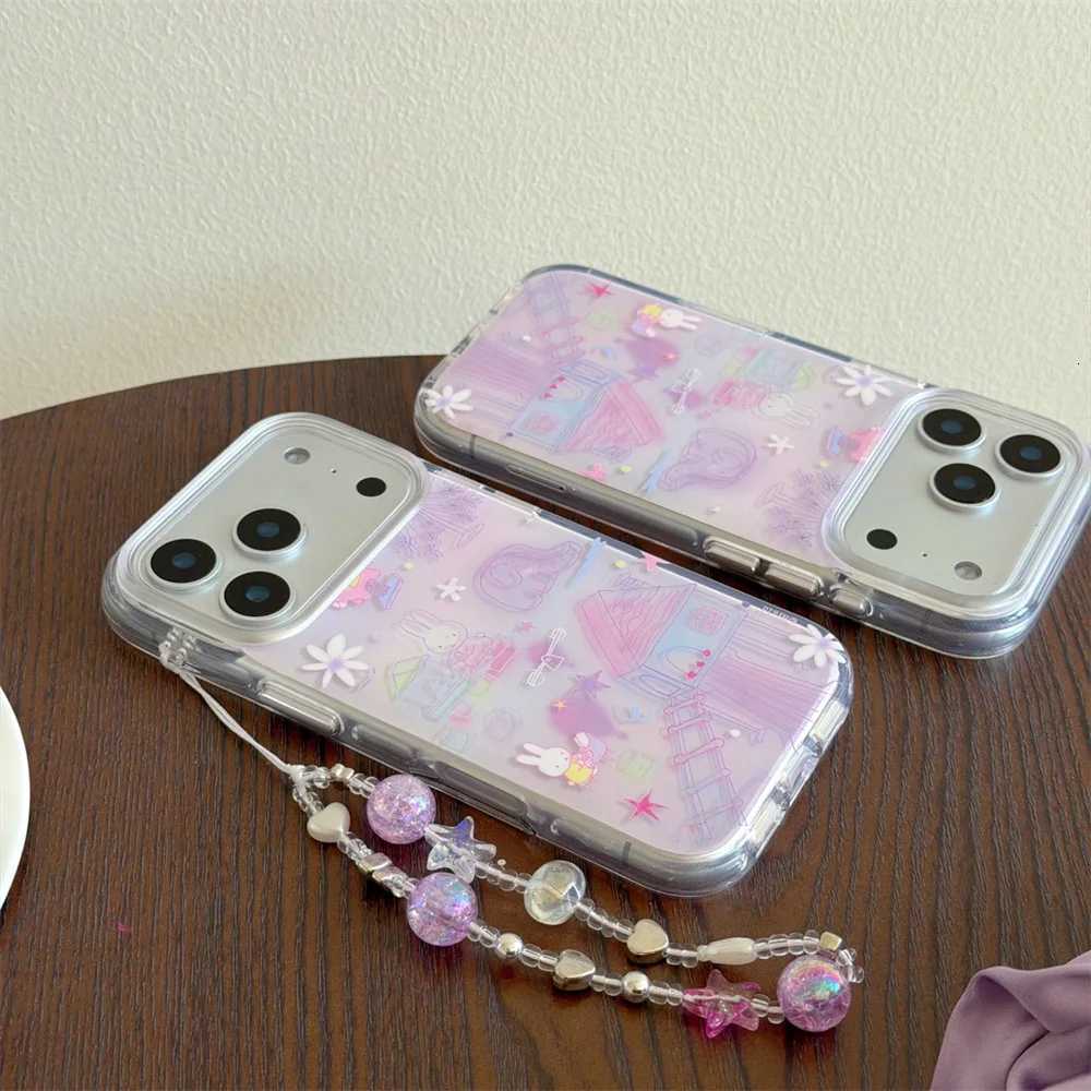 Cute Rabbit phone case With Chain For iPhone 17 16 Pro 13 14 15 Pro Max Korean INS fashion cartoon protective cover For 17 Pro C251209