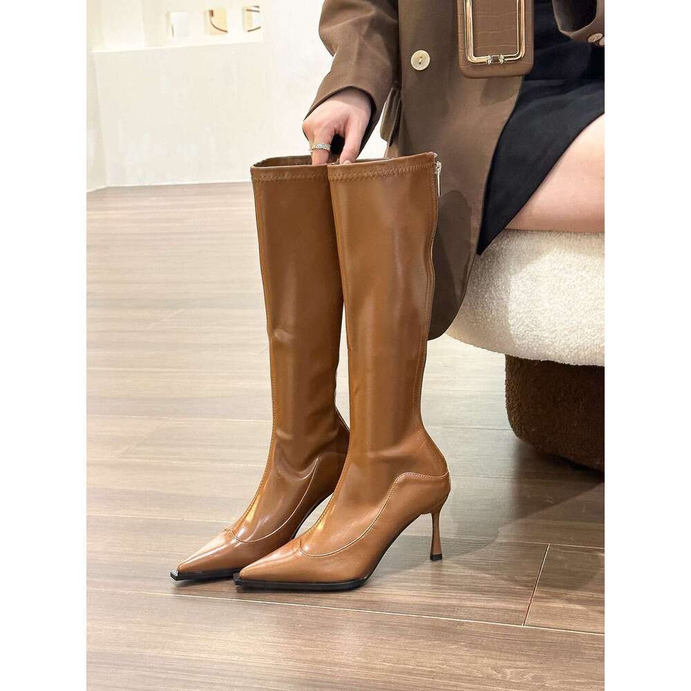 Brown boots knee high Designer Shoe Pointed Toe 3inch Heel Long for Women Soft Leather wide calf Slim booties