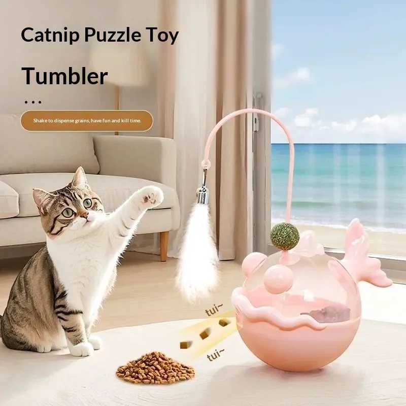 Cat Toys Wobble Treat Dispenser Feather Teaser Wand Catnip Balls Self Play Boredom Buster for Cats Pet Safe M251209