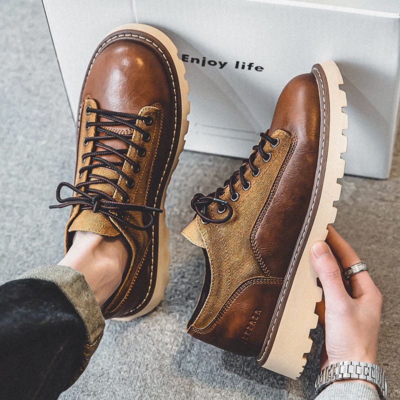 Men's New Wine Red Low-top Leather Versatile British Round Toe Casual Trendy Retro American Work Shoes