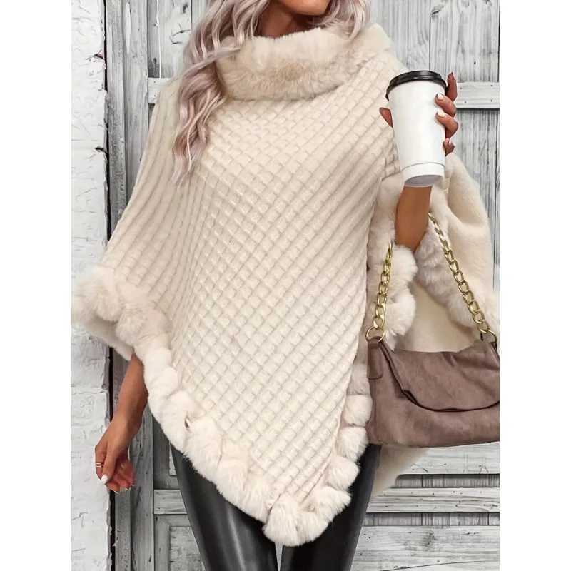 Luxury Elegant thick knit turtleneck with faux fur trim - Womens stylish solid color pullover cape perfect for fall and winter Y251208