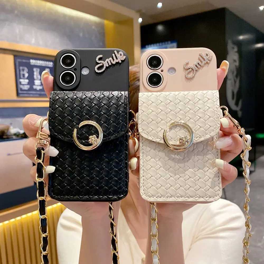 Luxury Woven Pattern Wallet Card Holder Phone Case for iPhone 16 11 12 13 14 15 Pro Max Card Bag Crossbody Strap Lanyard Cover C251209