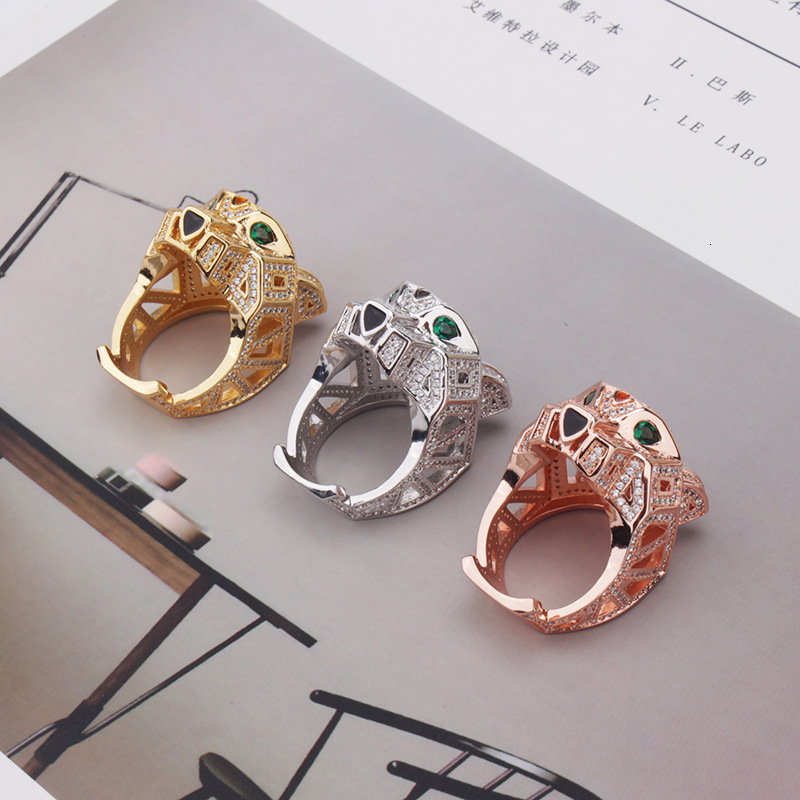 Style Full Diamond Green-Eyed Leopard Head Ring Personality Trendy Leopard Head Ring Epoxy Couple Style Hand Jewelry Wholesale