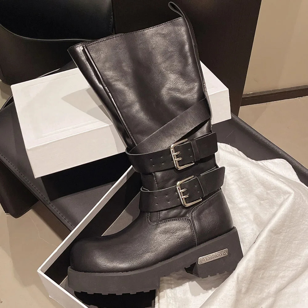 2025 Big Size 42 Womens Punk Motorcycle Boots Fashion Black Big Toe Platform Chunky Heels Mid-calf Boots Shoes 251201