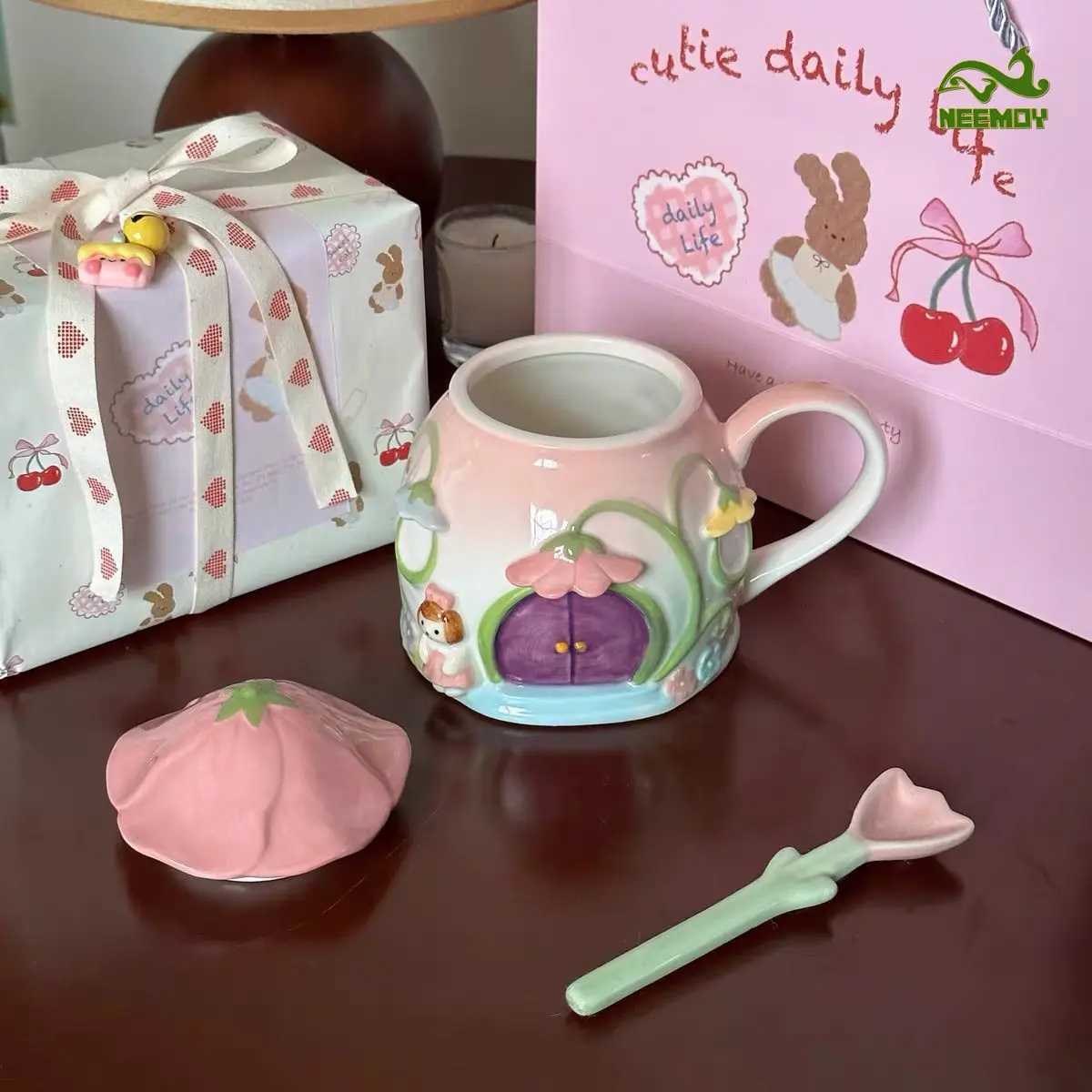 Handmade Cute Girl Ceramic g with Lid Exquisite Coffee Cup with Handle Off Brage Set Restaurant and Hotel Supplies H251209