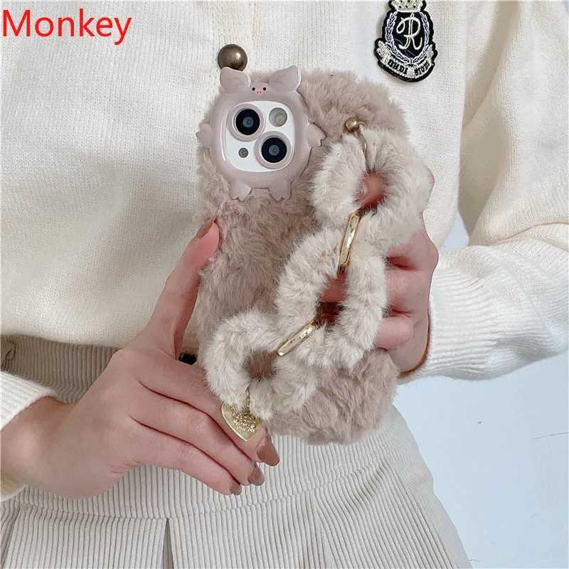 Cute Korean Fur Wrist Chain Silicone Case For iPhone 17 16 Pro Max 15Plus 14 13 12 11 Winter Furry Fluffy Plush Wrist Band Cover C251209