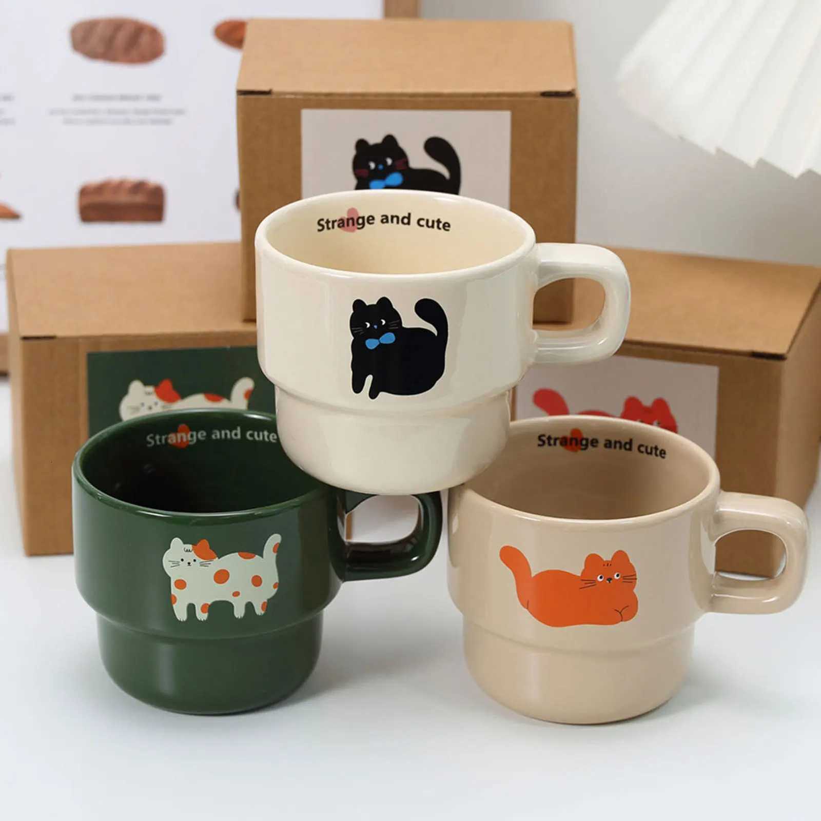 Ceramic Cat Printed Coffee g Funny Cute Stackable Cat gs with Handle Drinkware Breakfast Milk Tea Cup For Kitchen He Party H251209