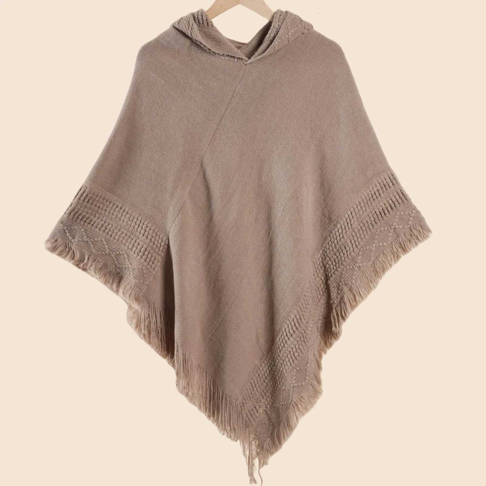 Luxury 1 elegant autumn and winter womens hooded knitted cape shawl loose knitted sweater solid color flowing beard versatile and warm Y251208