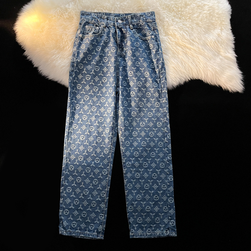 Designer Luxury Clothing Trendy Brand Full Print Jeans For Men, Loose Straight Long Pants For Autumn, Ins American Retro Vibe Style Streetwear Pants
