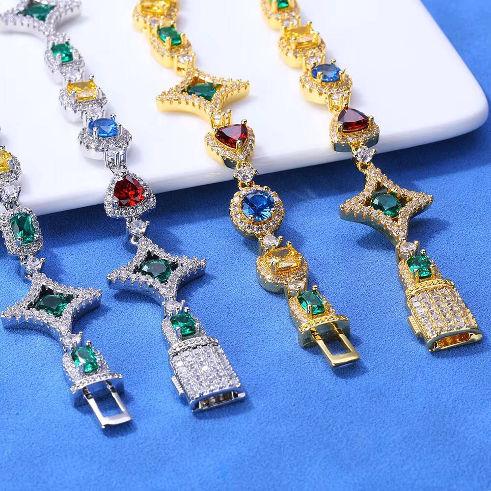 NUOYA New Arrival 925 Silver Geometry Link Bracelet Colorful Zircon Chain VVS Moissanite Womens Hip Hop Jewelry