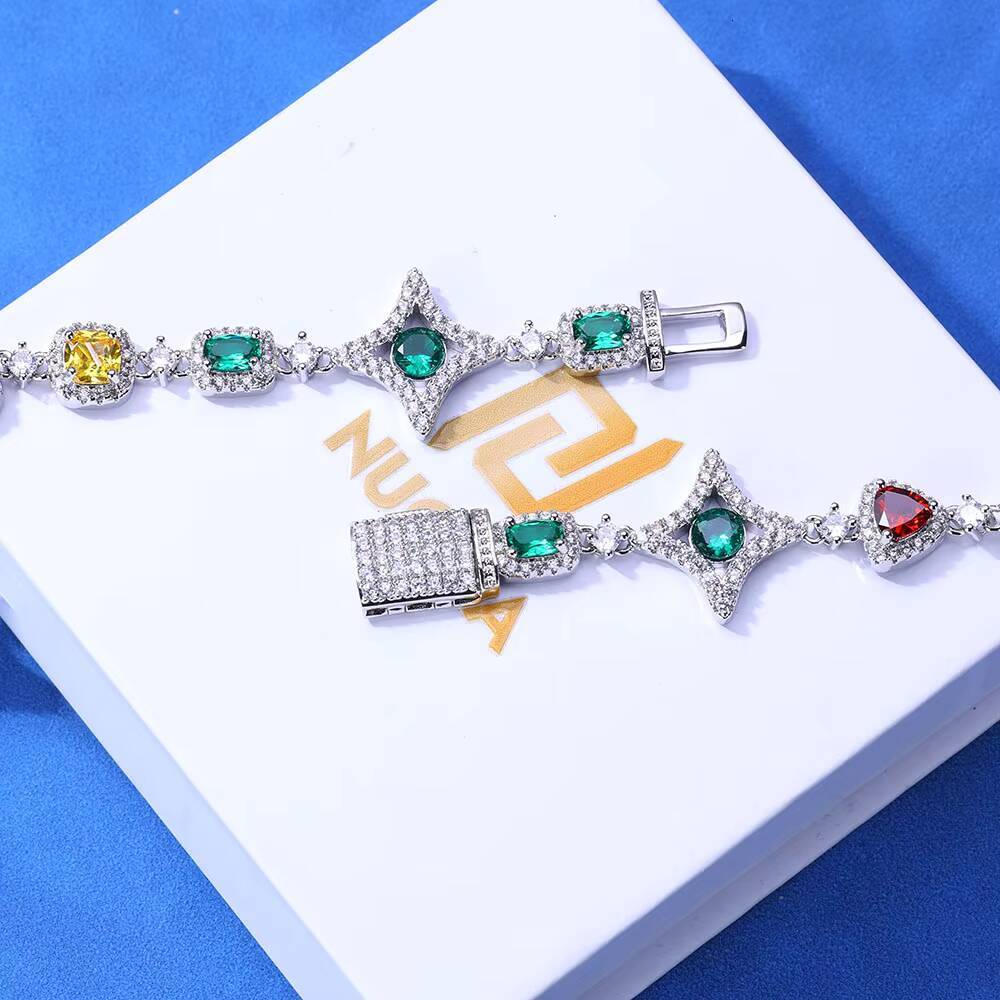 NUOYA New Arrival 925 Silver Geometry Link Bracelet Colorful Zircon Chain VVS Moissanite Womens Hip Hop Jewelry