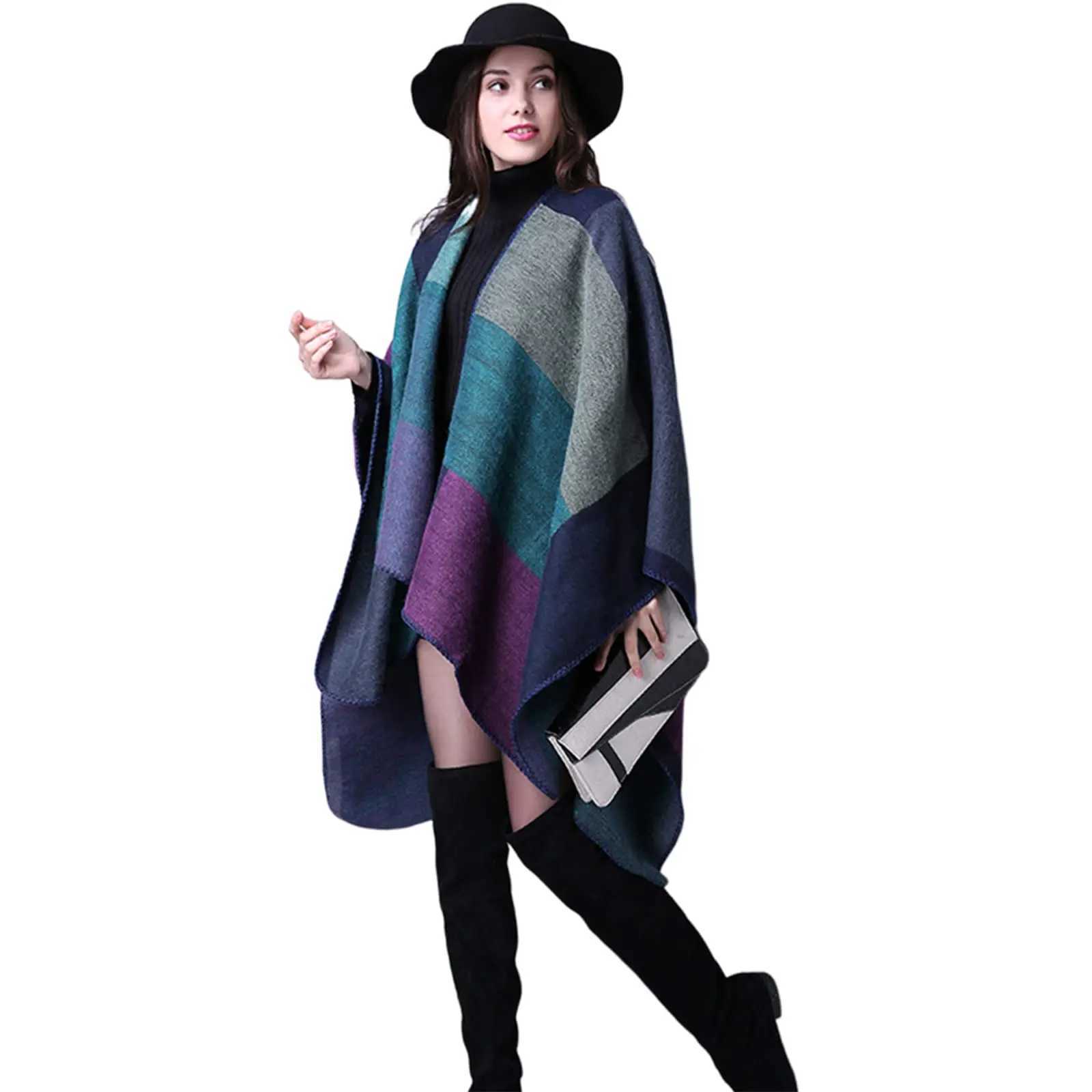 Luxury Thicken Winter Shawl Wraps Cape Women Fall Ponchos Plus Size Block Plaid Open Front Sweater Fleece Scarf Coat Holiday Outfits Y251208