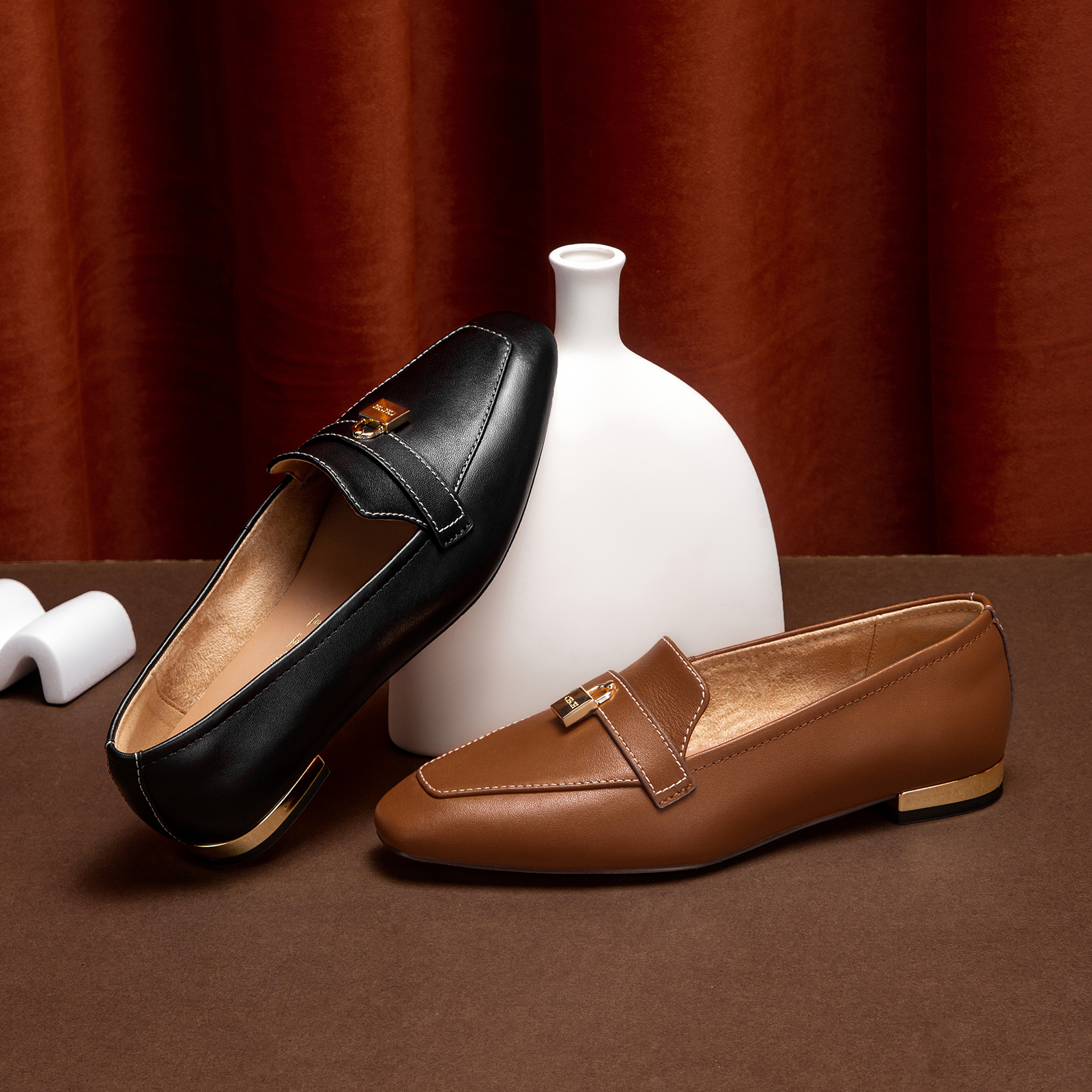 CHCH Women's Brown Leather Loafers with Gold Lock Detail Square Toe Low Heel Penny Casual Office Slip-On Dress Shoes for Girls