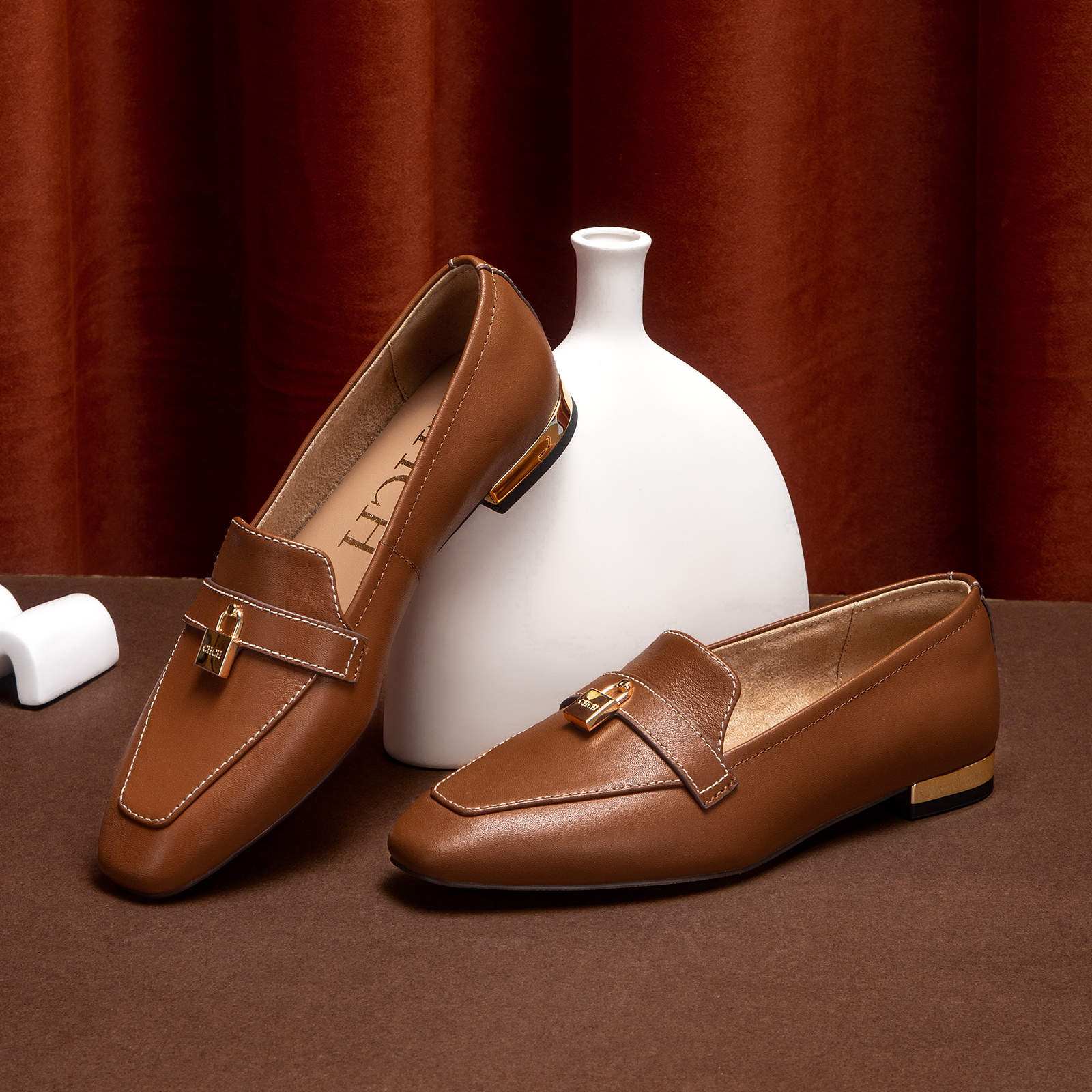 CHCH Women's Brown Leather Loafers with Gold Lock Detail Square Toe Low Heel Penny Casual Office Slip-On Dress Shoes for Girls