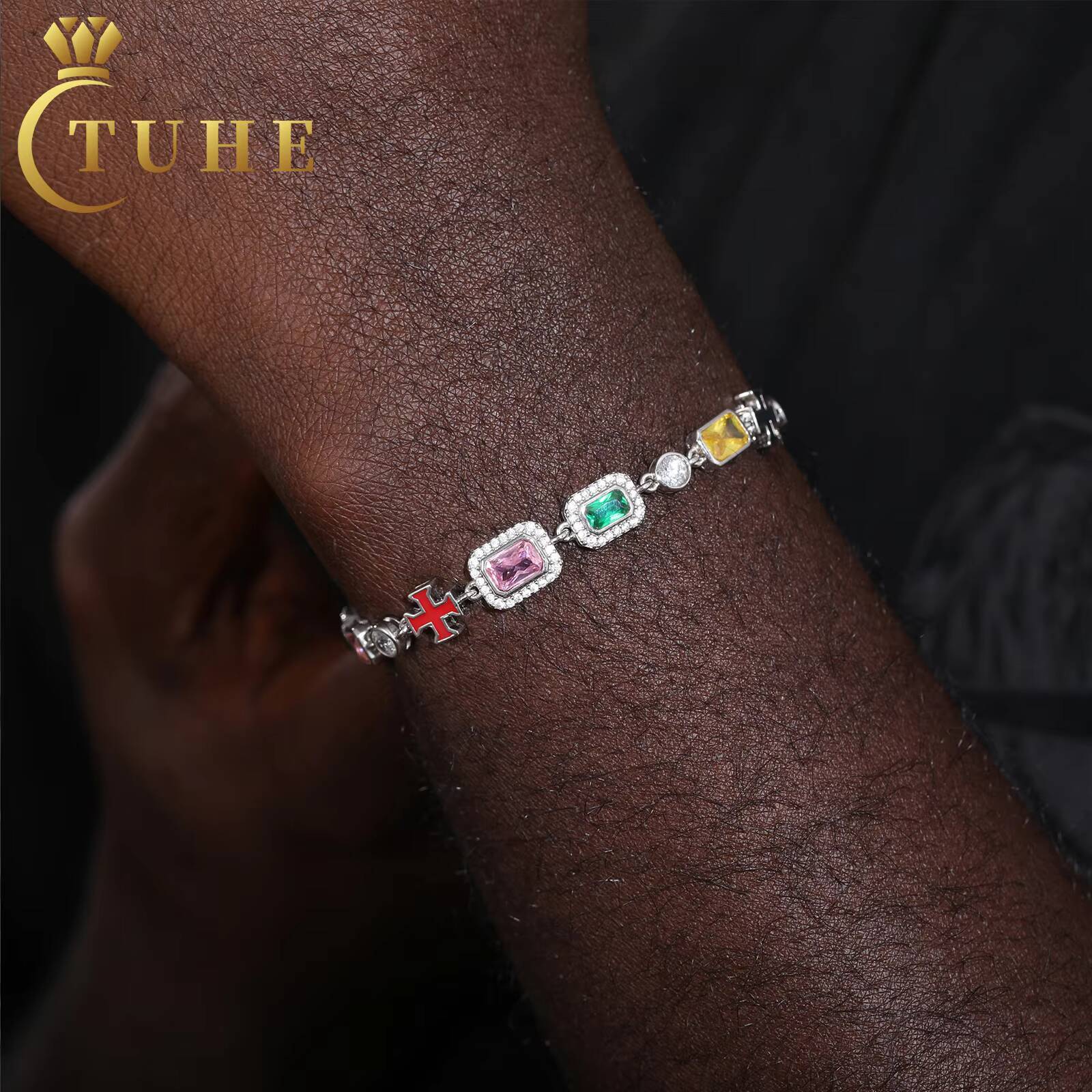 Minimal Party Jewelry White Gold 7mm 925 Sterling Silver VVS Moissanite Colored Gemstone Cluster Enamel Cross Tennis Bracelet