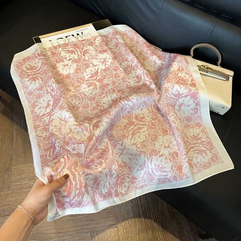 Luxury 68cm Pink Floral Printed Scarf Womens Spring and Summer New Imitation Silk Scarf High-end Fashion Versatile Headscarf Shawl Y251208