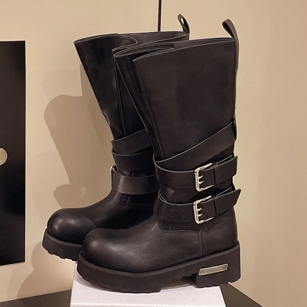 2025 Big Size 42 Womens Punk Motorcycle Boots Fashion Black Big Toe Platform Chunky Heels Mid-calf Boots Shoes 251201