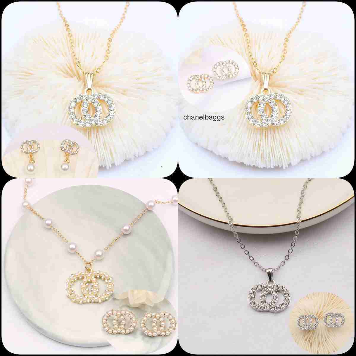 luxury jewelry sets letter designers earrings necklace 925 silver ear stud 18k gold chanelnecklace chanellies plated pearl diamond geometric pendants neckla 9SFA