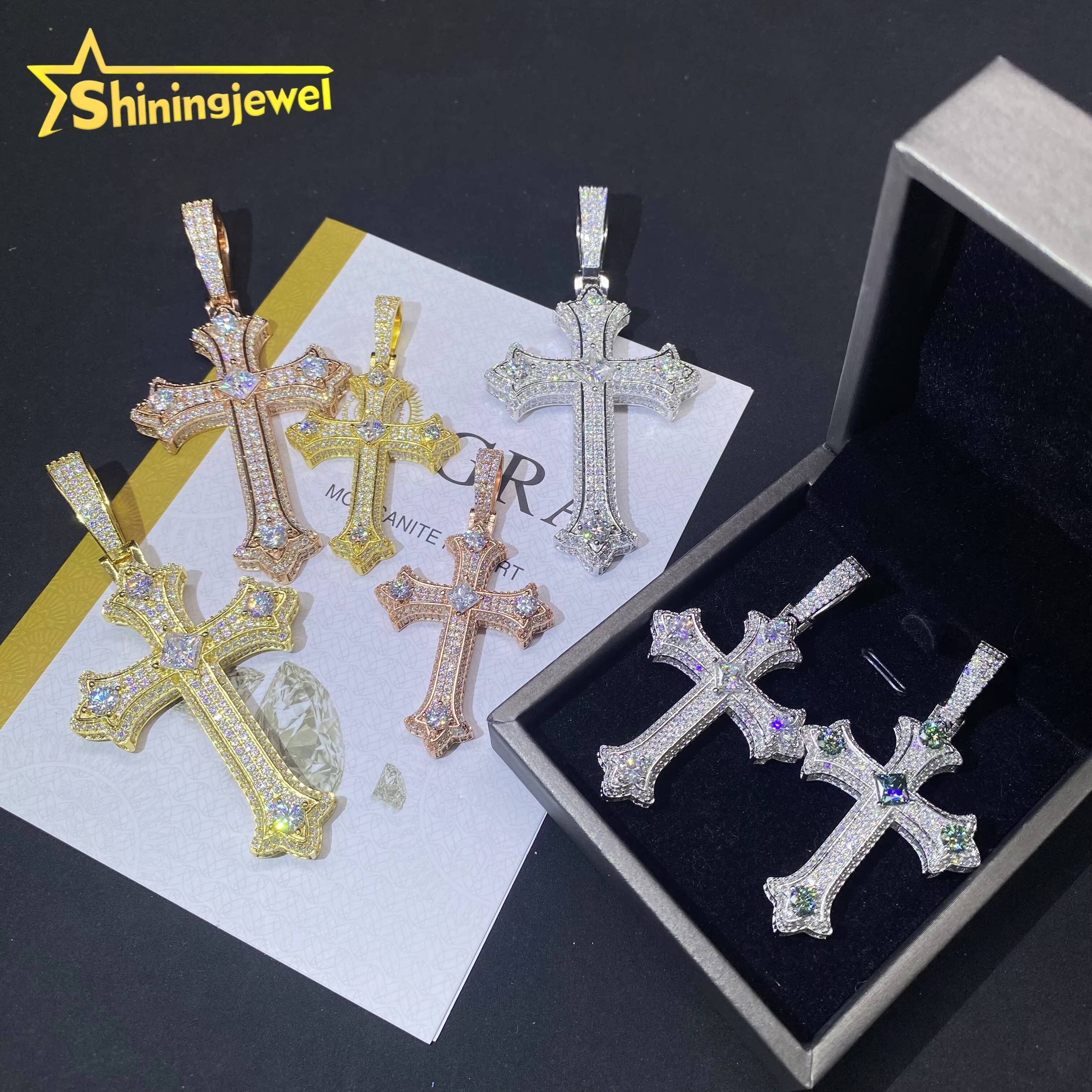 2Sizes VVS Moissanite Jewelry Pendant Iced Out Diamond Hip Hop Green Moissanite Jewelry 925 Silver Cross Pendant Charms