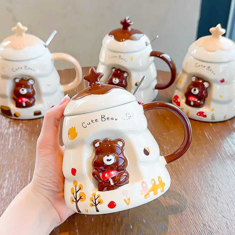 Bear Ceramic Cup Cute Ceramic g with Lid on Hand Christmas 3D three-dimensional g Couple Coffee Cup He Water Cup H251209