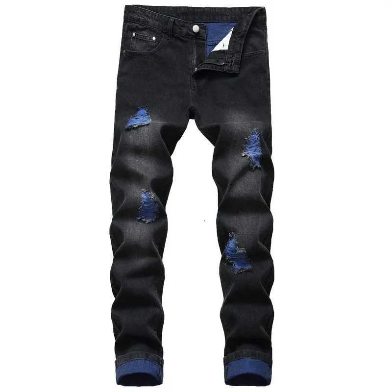 Men Casual Black Jeans Paint Slim Straight Hole Biker Jeans Autumn Jean Homme Male Denim Pants Plus Size M251209