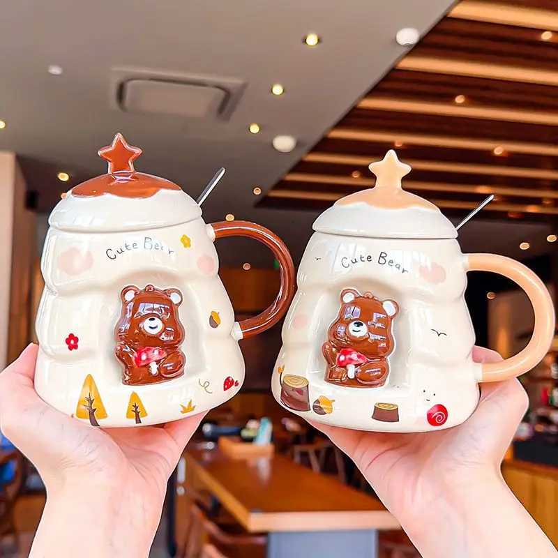 Bear Ceramic Cup Cute Ceramic g with Lid on Hand Christmas 3D three-dimensional g Couple Coffee Cup He Water Cup H251209