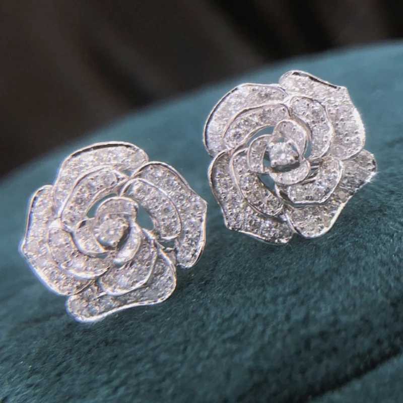 Rose Flower Shape Stud Earrings Micro Paved Zircon 925 Silver Plated Ear Jewelry For Women Temperament Bridal Engagement Banquet H260202