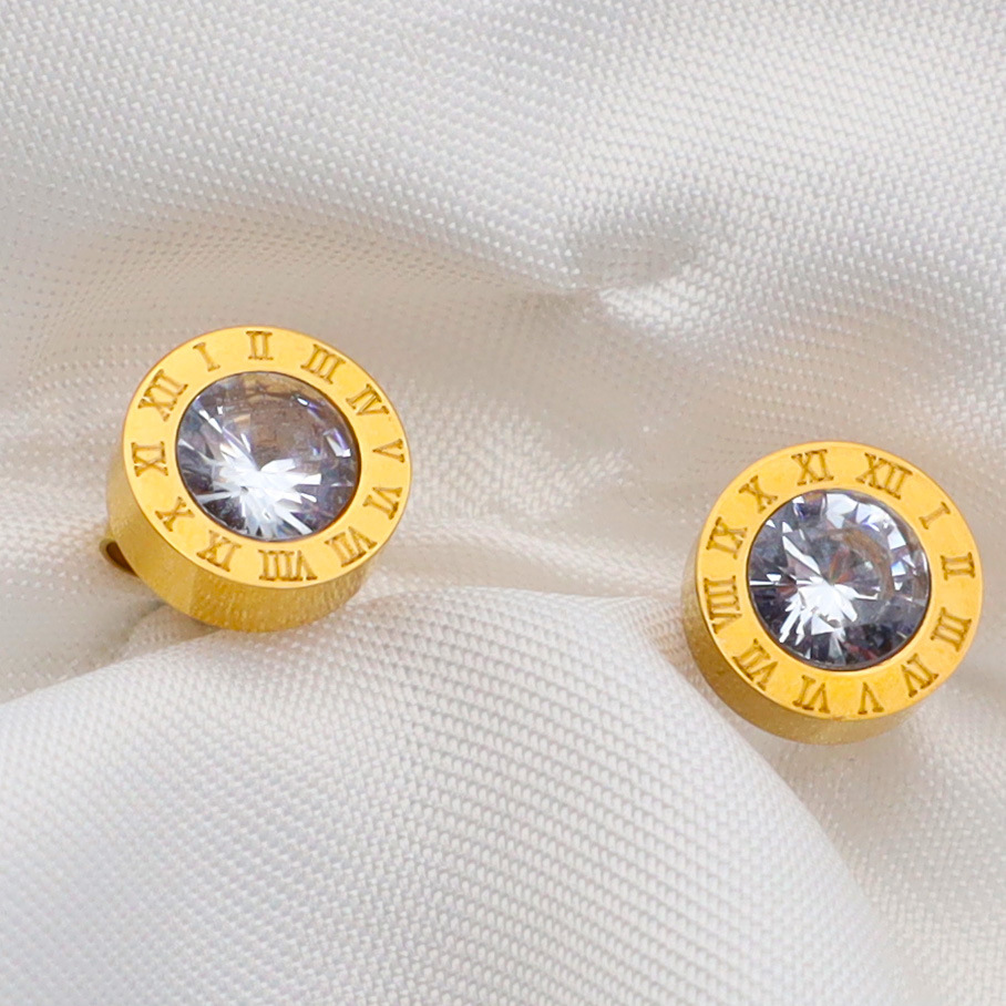 8MM Round Roman Numeral 316L Stainless Steel Shine Zircon Diamond Stud Earrings Black Gun Gold Plated Number Design For Women Men's Earrings Desi