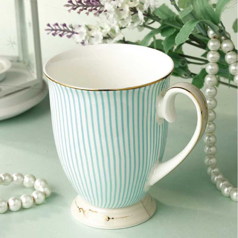 Elegant Tea cups British ified Ceramic Cups Bone Blue Stripes Coffee cup Golden Pattern Fashion Unique Design Goblet H251209