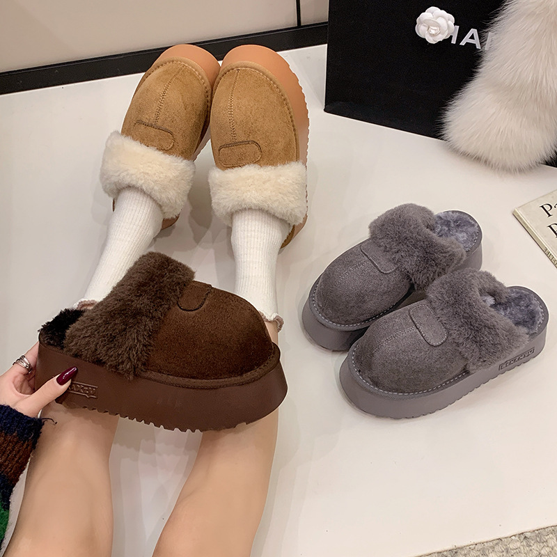 free shipping Fashionable thick soled cotton slippers for women in autumn winter suitable for outdoor wear with a foot kick toe cap half slippers snow