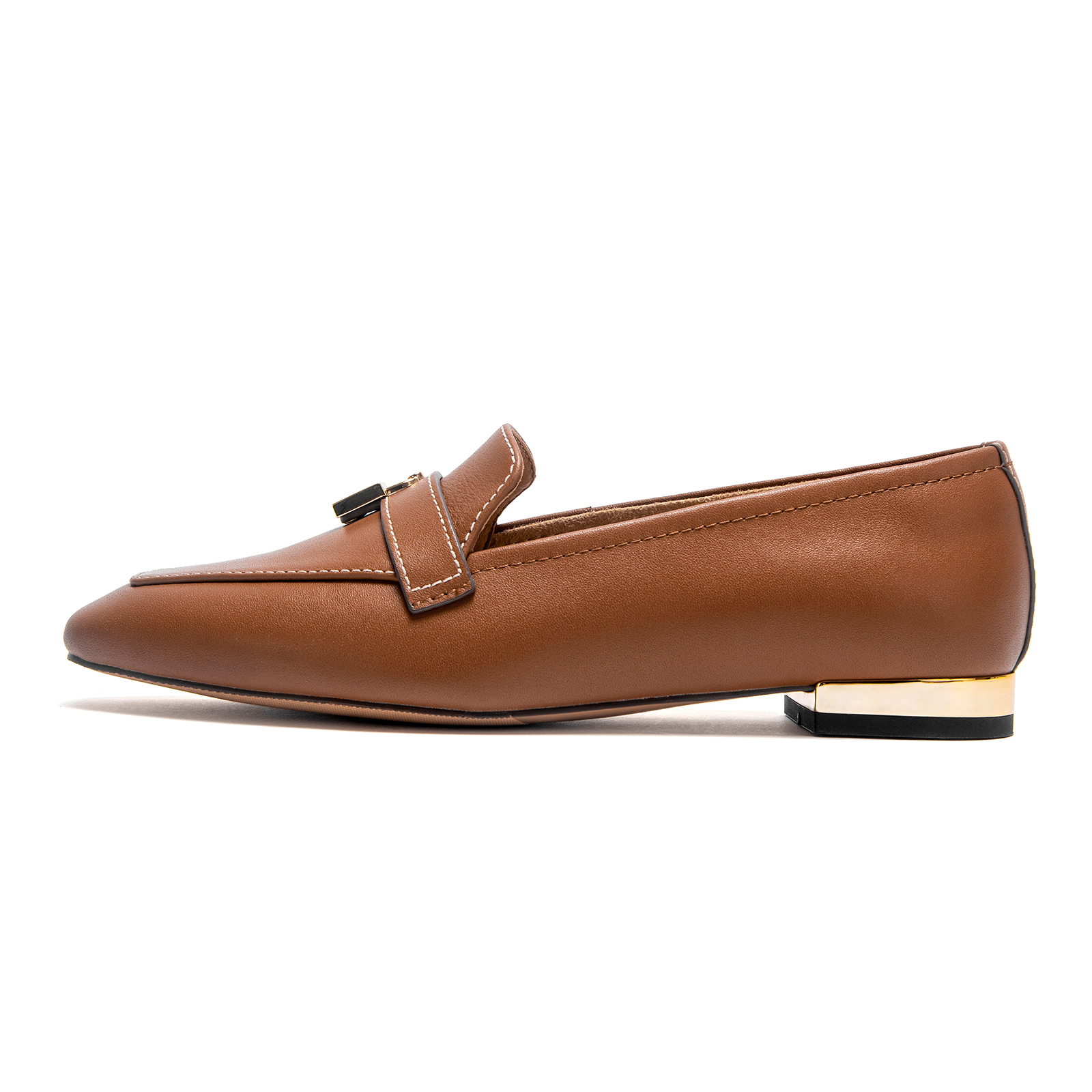 CHCH Women's Brown Leather Loafers with Gold Lock Detail Square Toe Low Heel Penny Casual Office Slip-On Dress Shoes for Girls