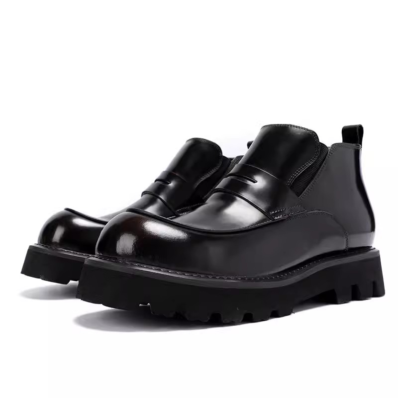 Men's High-Top Leather Boots Bright Leather Surface Large Size round Toe Handmade Stitching British Fashion Quality