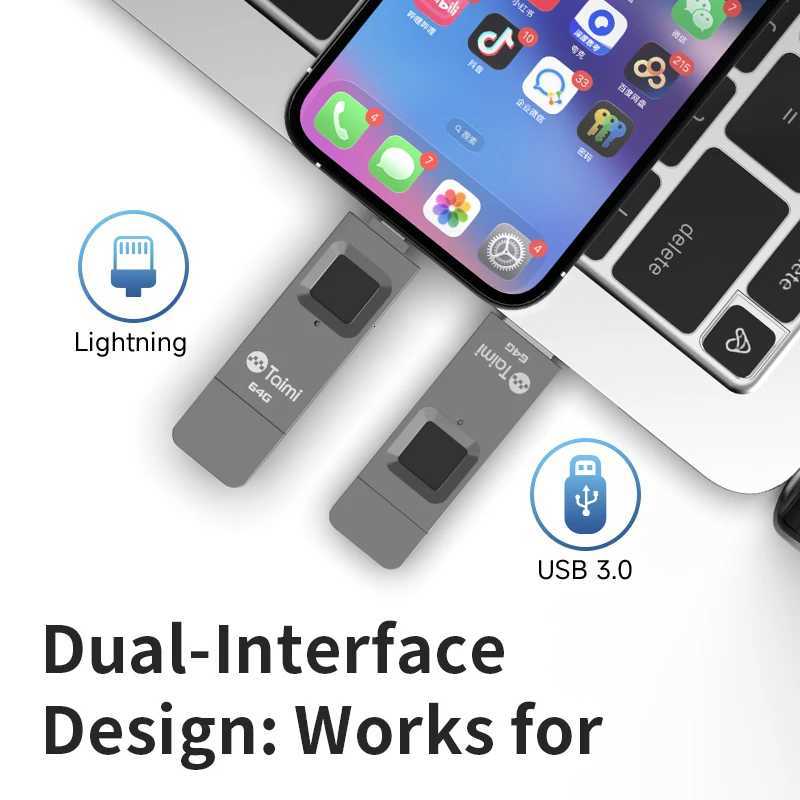 Taimi Fingerprint Encryption USB Flash Drive with Dual Interfaces USB30 And Lightning for Data Security C251209