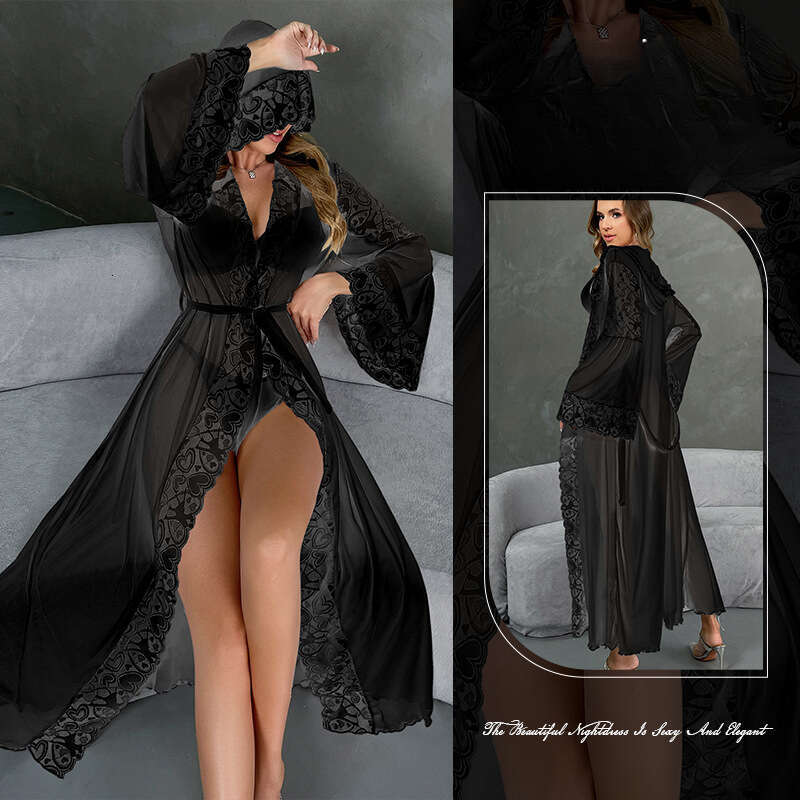 designer New Sexy Hooded Bathrobe Lingerie Lace Trim Robe Belt Homewear pajamas nightgowns women
