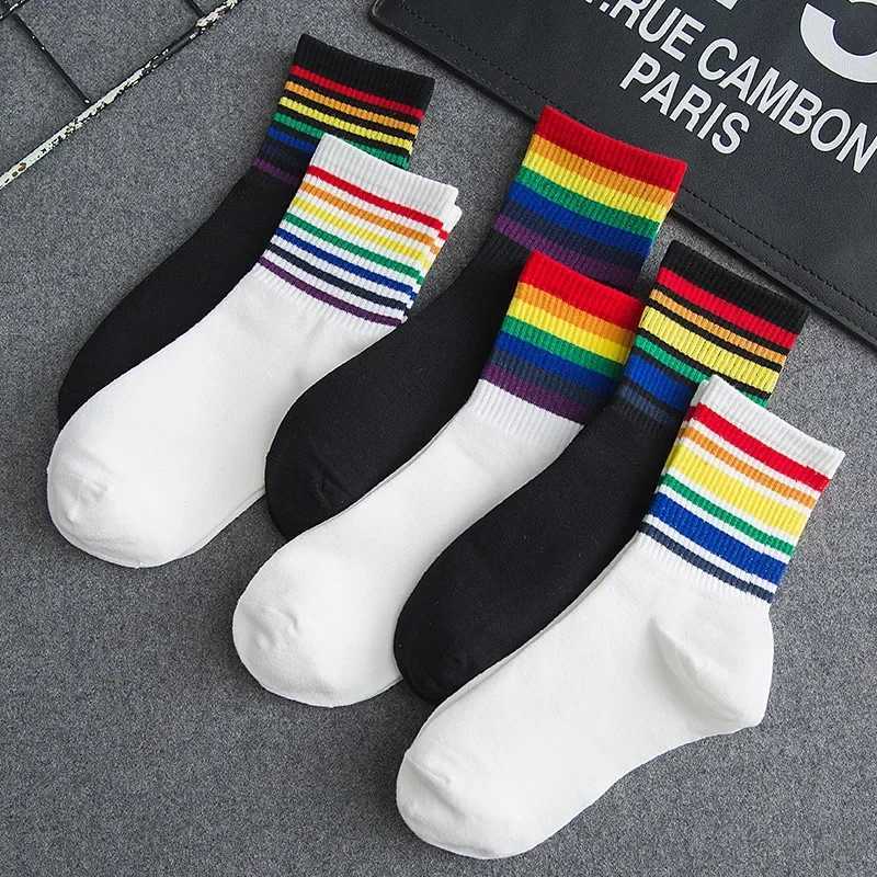 Unisex Stripes Mid Men Socks Women Girls Harajuku Colorful Funny Socks Men Cotton Rainbow ColorT251209