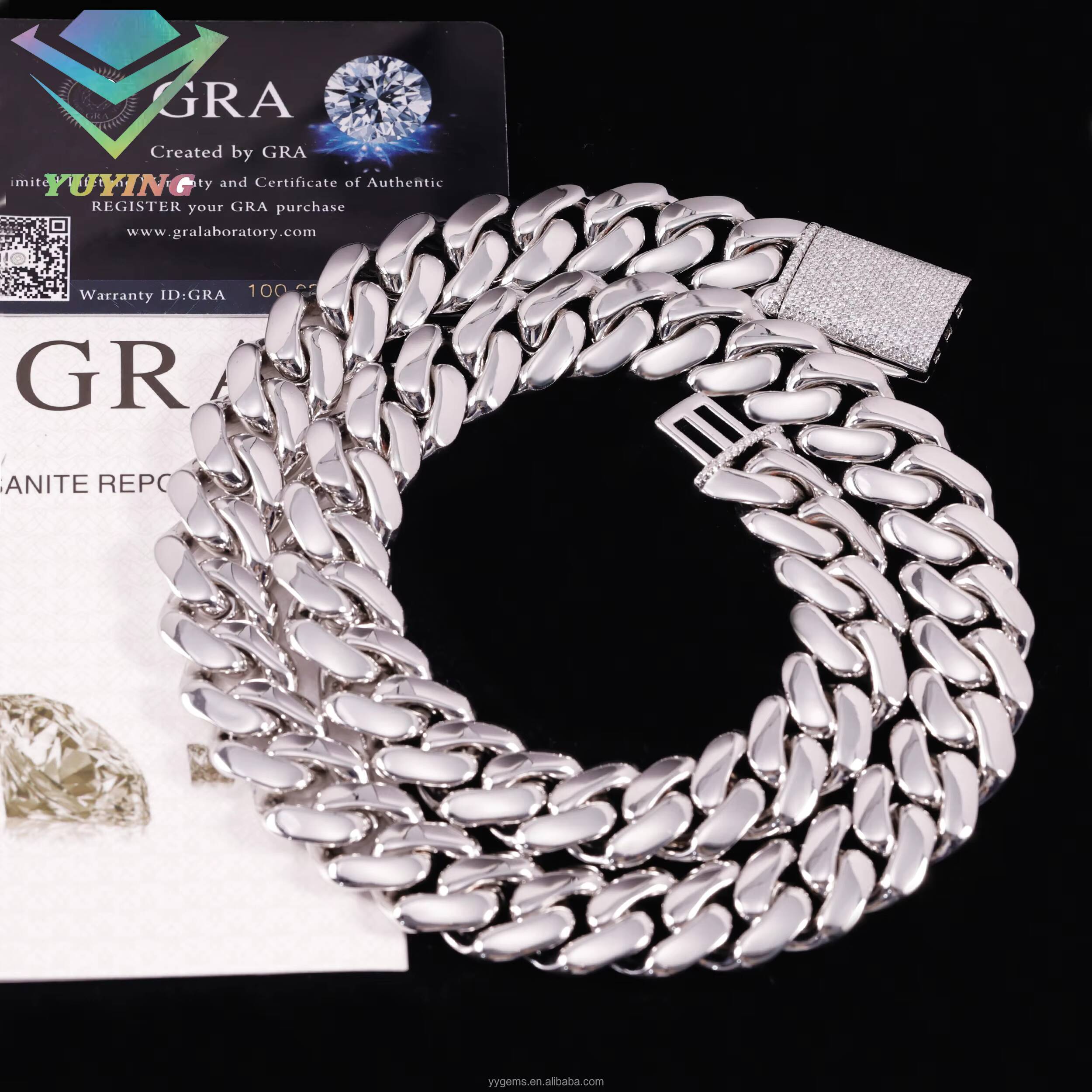 High Polished White Gold Plated 16MM 18MM Miami Cuban Link Chain Solid Silver Men Chain Moissanite Lock Cuban Chain Necklace