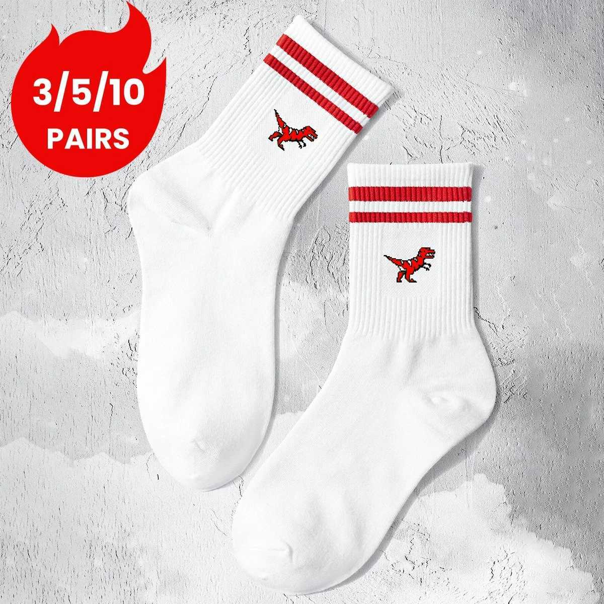 Multiple Pairs of Mens Crew Socks with Dinosaur Patterns White Unique Comfortable Breathable Moisture-WickingT251209
