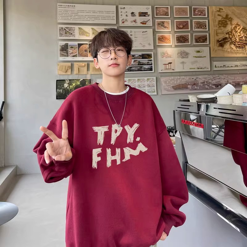 High-Quality Navy Heavyweight Fleece-Lined Cotton Crew Neck Sweatshirt for Boys: Autumn/Winter New Arrival, American Retro Style, Teenager-Friendly