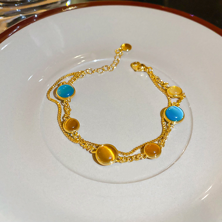 18K Real Gold Plated Cat's Eye Stone Round Double Layer Vintage Palace Style Bracelet Light Luxury High-end Feel Jewelry for Women - view 8