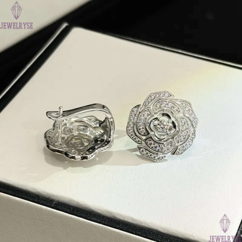 S925 sterling silver camellia flower designer stud earrings for women luxury diamond zircon hollow rose flowers aretes earring earings ear rings jewel