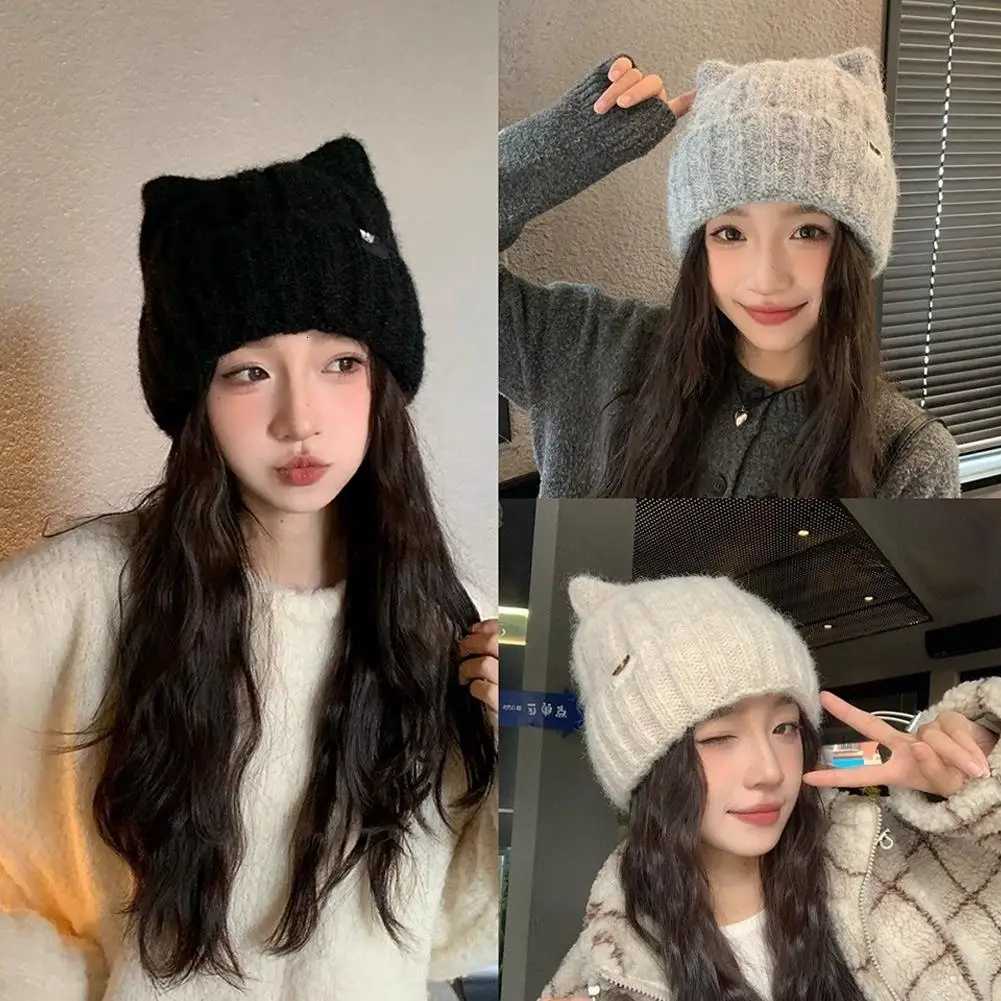 Luxury Cute Cat Ear Wool Hat for Kids Japanese Style Thickened Fleece Winter Hat with Ear Protection Warm Knitted Beanie Y251209