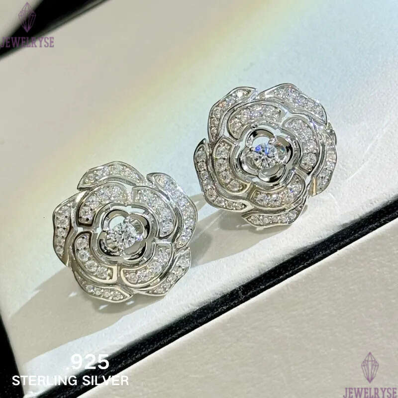 S925 sterling silver camellia flower designer stud earrings for women luxury diamond zircon hollow rose flowers aretes earring earings ear rings jewel