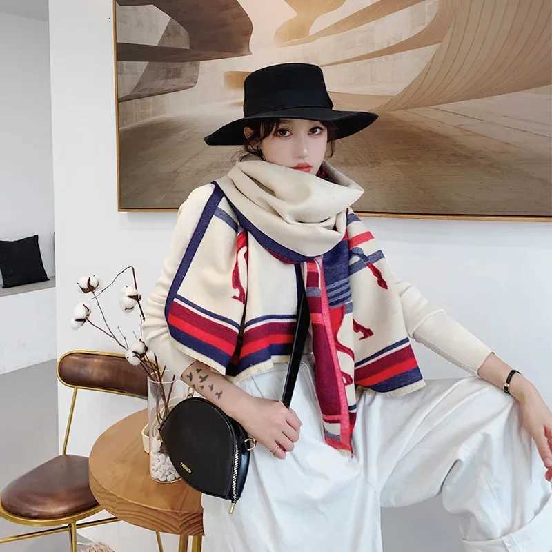 Luxury 2024 Luxury Brand Thick Cashmere Winter Scarf Pink Grey Horse Print Warm Pashmina Foulard Lady Soft Bufanda Shawls Wraps Y251208